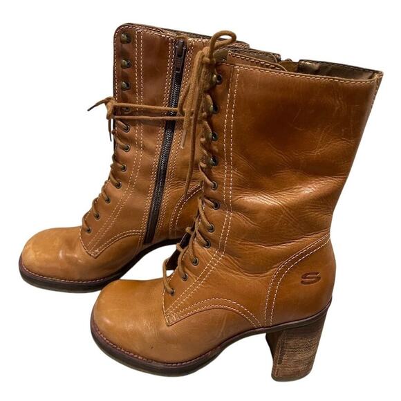 RARE Skechers Women's Vintage Y2K Tan Brown Ankle Boots stacked heel Sz 6 boho - Picture 2 of 11